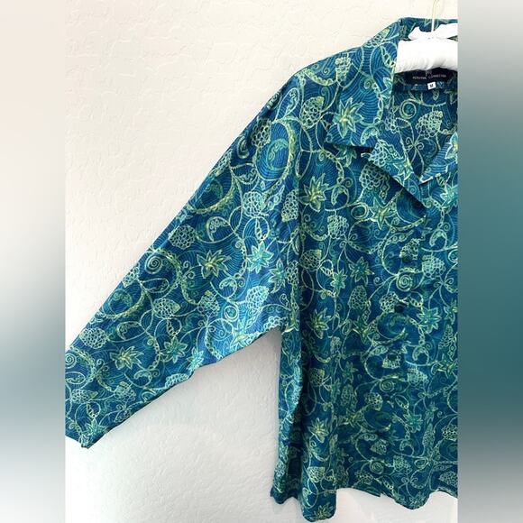 PERUVIAN CONNECTION Teal Floral Pima Cotton Shirt Button Down Top | Size Medium - Picture 3 of 7